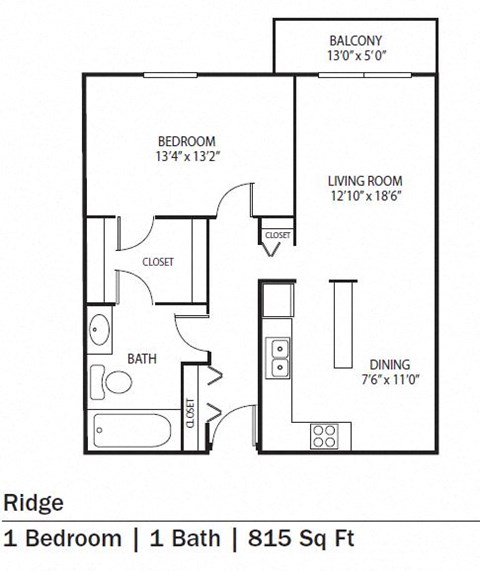 Floor plan for 1 bed, 1 bath, 815 sqft